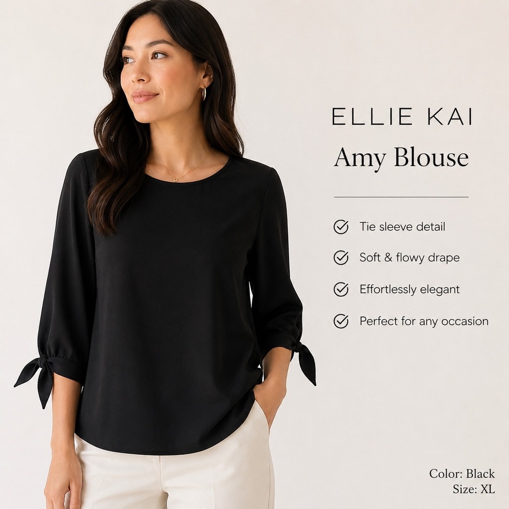 Ellie Kai Amy Blouse‎ Womens XL Black Professional Tie Cuff EK Weave Top NEW